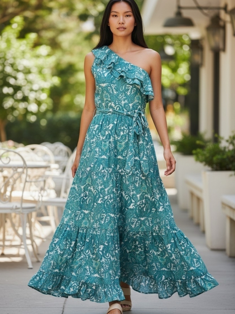 Cabana Life St. Pete One Shoulder Maxi Dress M Blue UPF 50+ Ruffle Resort Beach